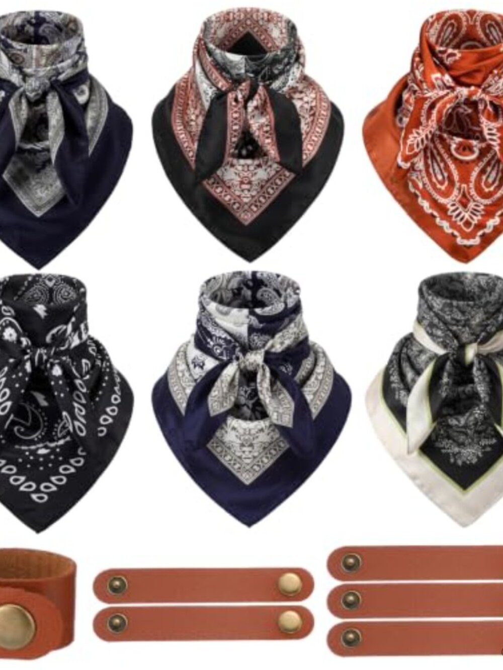 6 Pc Western Cowboy Scarves Satin Bandana Neckerchief Set